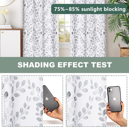 MYSKY HOME Grey Leaf Curtains 63 Inch Length for Bedroom Grommet 2 Panels