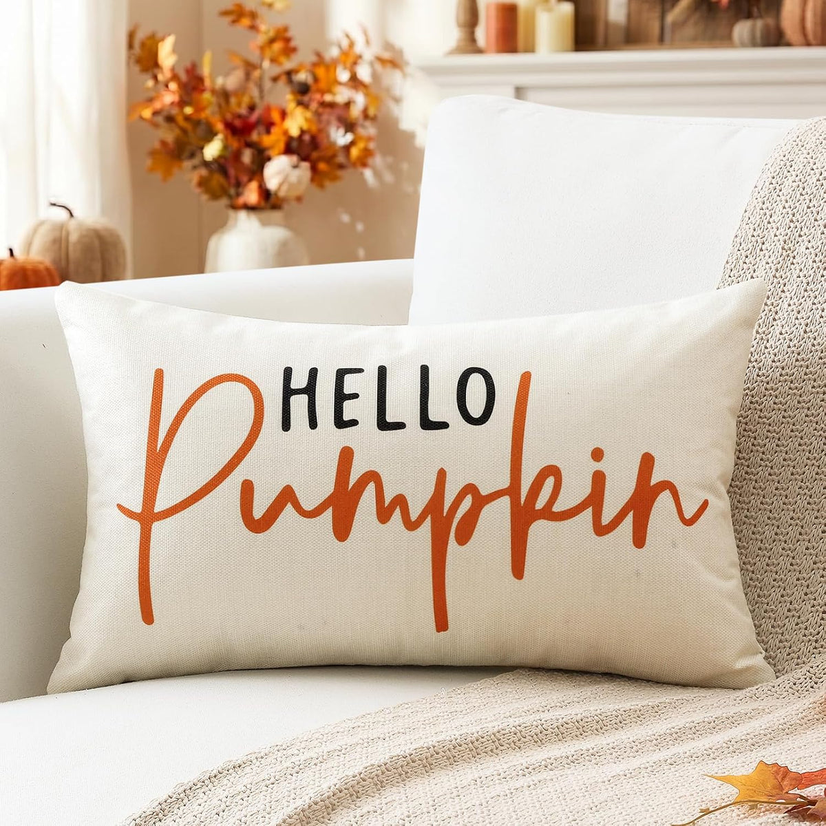 Artscope Hello Pumpkin Beige Lumbar Throw Pillow Cover 12x20 Inch Fall Decoration Cushion Cover Thanksgiving Farmhouse Pillow Case for Home Sofa Couch Decor