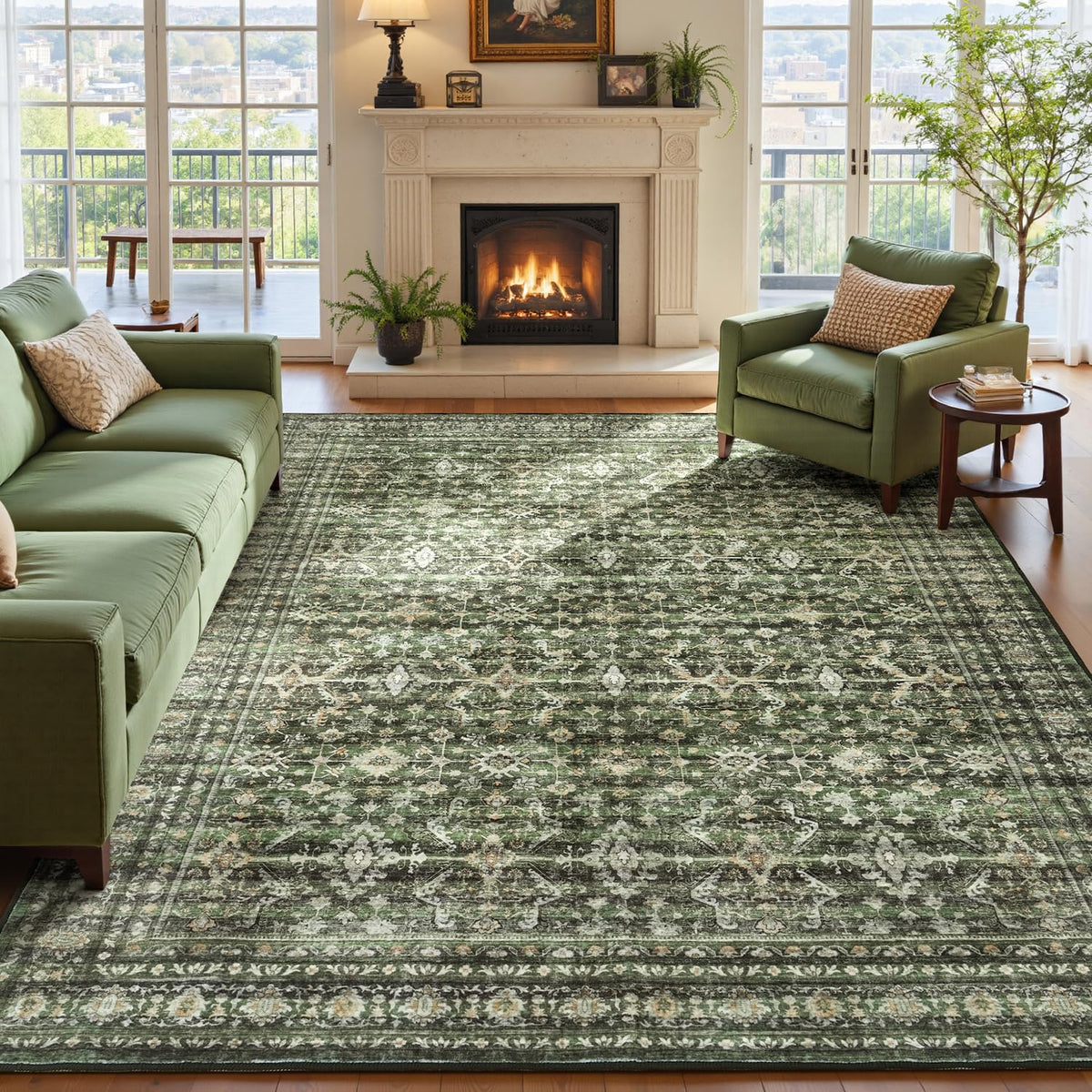 Sage Green 8x10 Area Rug for Living Room, Vintage Boho Large Carpet
