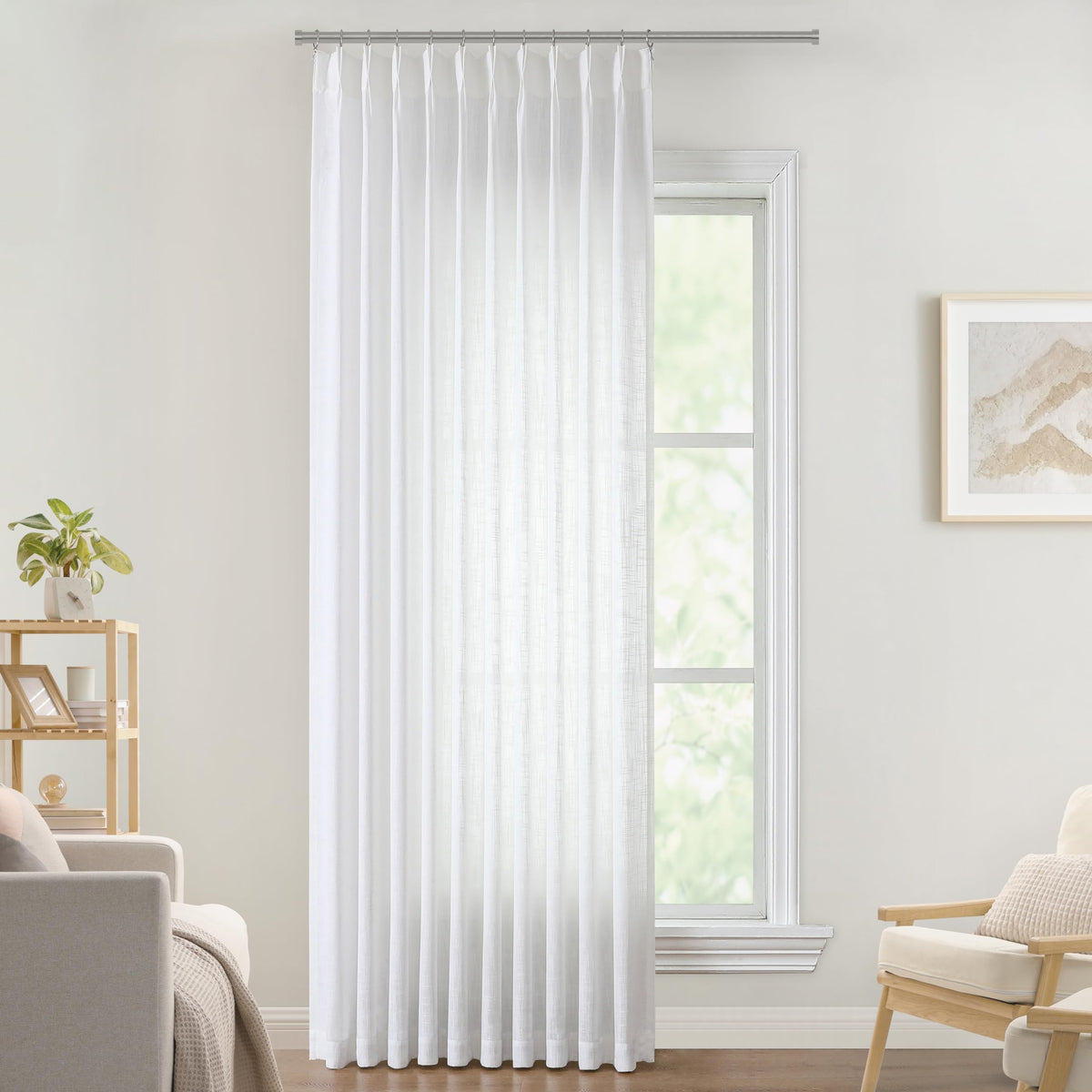 Vision Home Natural Linen Pinch Pleated Semi Sheer Curtains 42Wx90Lx2