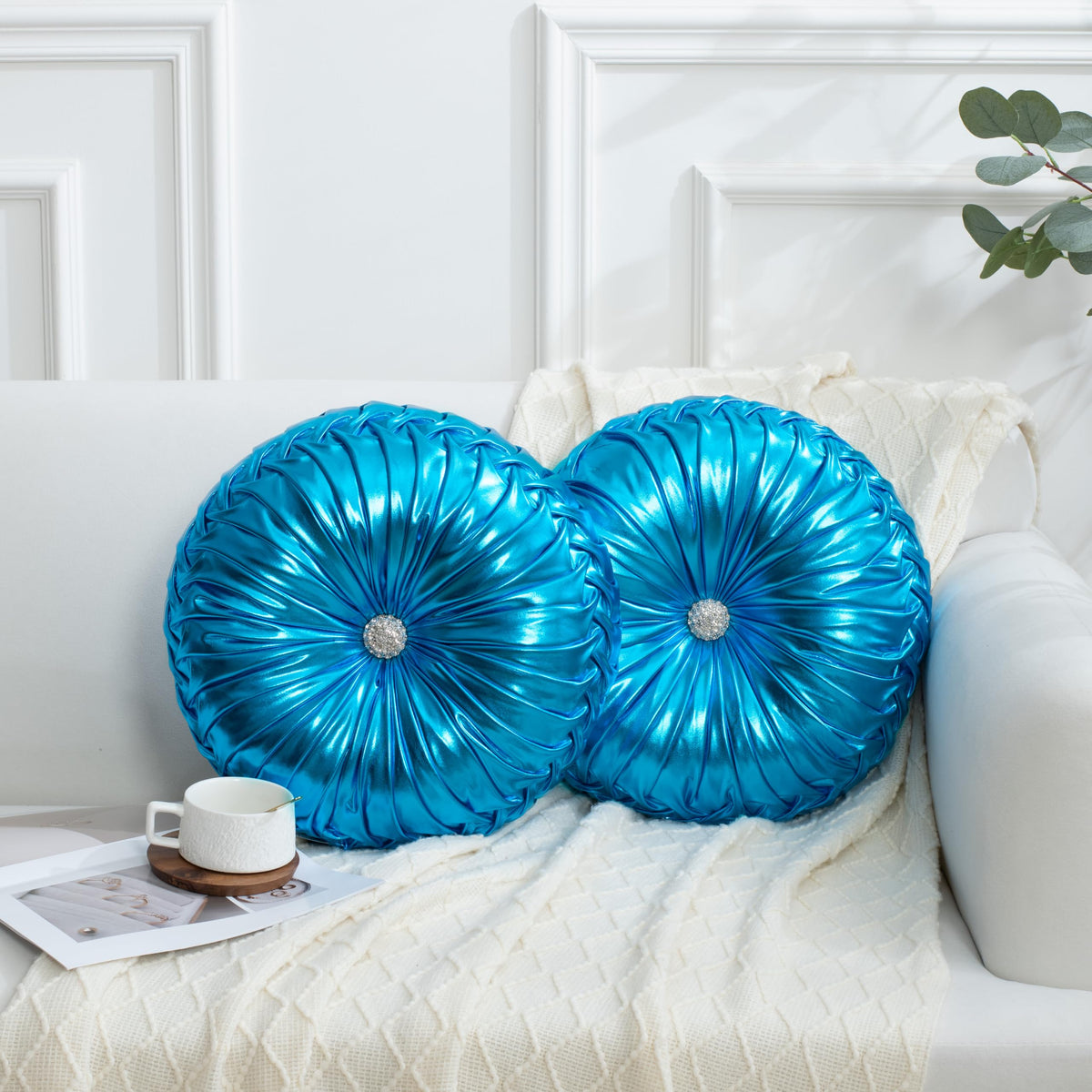 HIG Set of 2 Beige Velvet Decorative Round Pleated Throw Pillows
