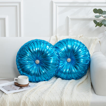 HIG Set of 2 Beige Velvet Decorative Round Pleated Throw Pillows