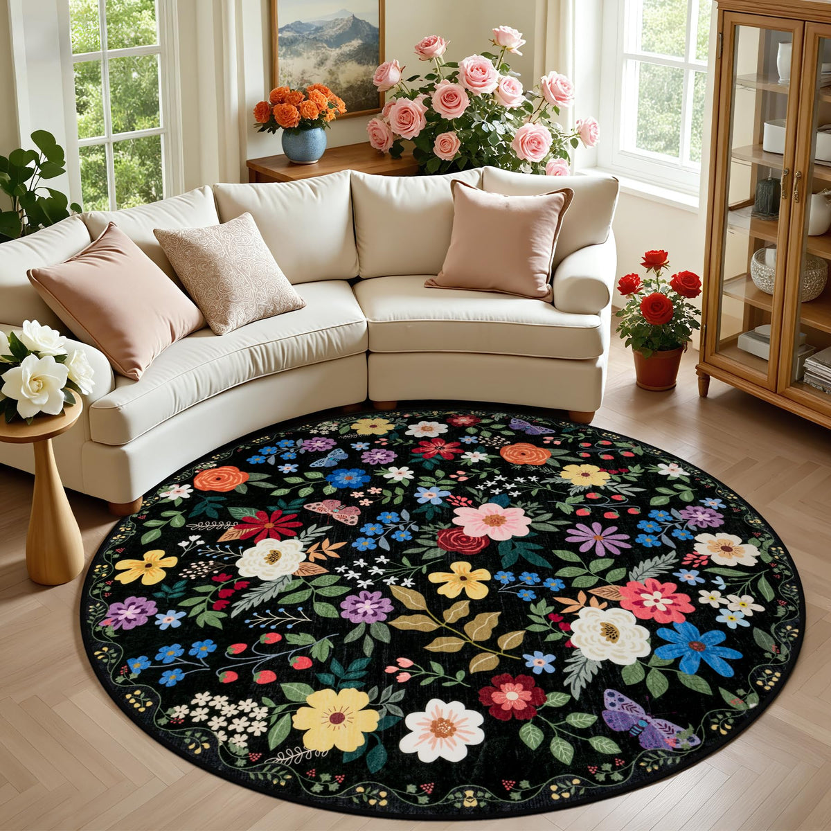 PLHXFR 8x10 Area Rug Living Room: Floral Washable Boho Carpet Dark Green