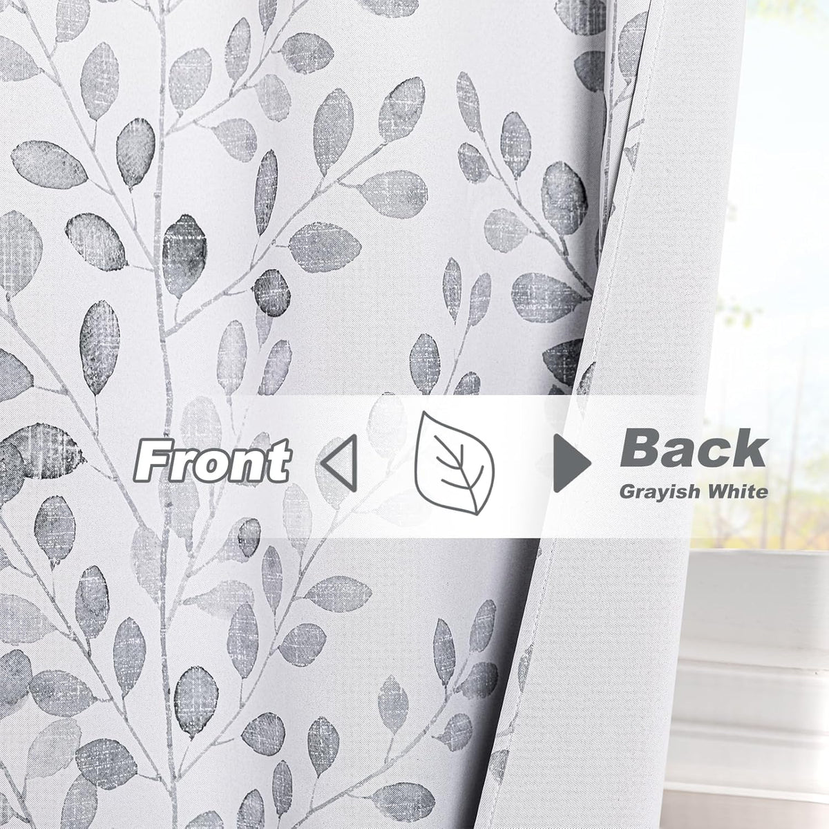 MYSKY HOME Grey Leaf Curtains 63 Inch Length for Bedroom Grommet 2 Panels
