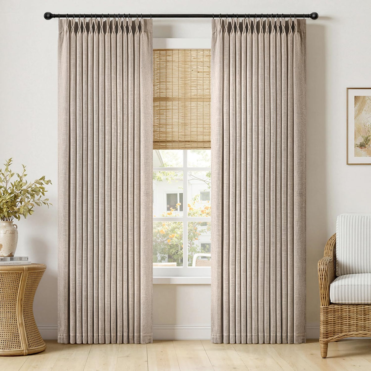 MIULEE Pinch Pleated Linen Curtains 90 Inches Long 2 Panels Natural