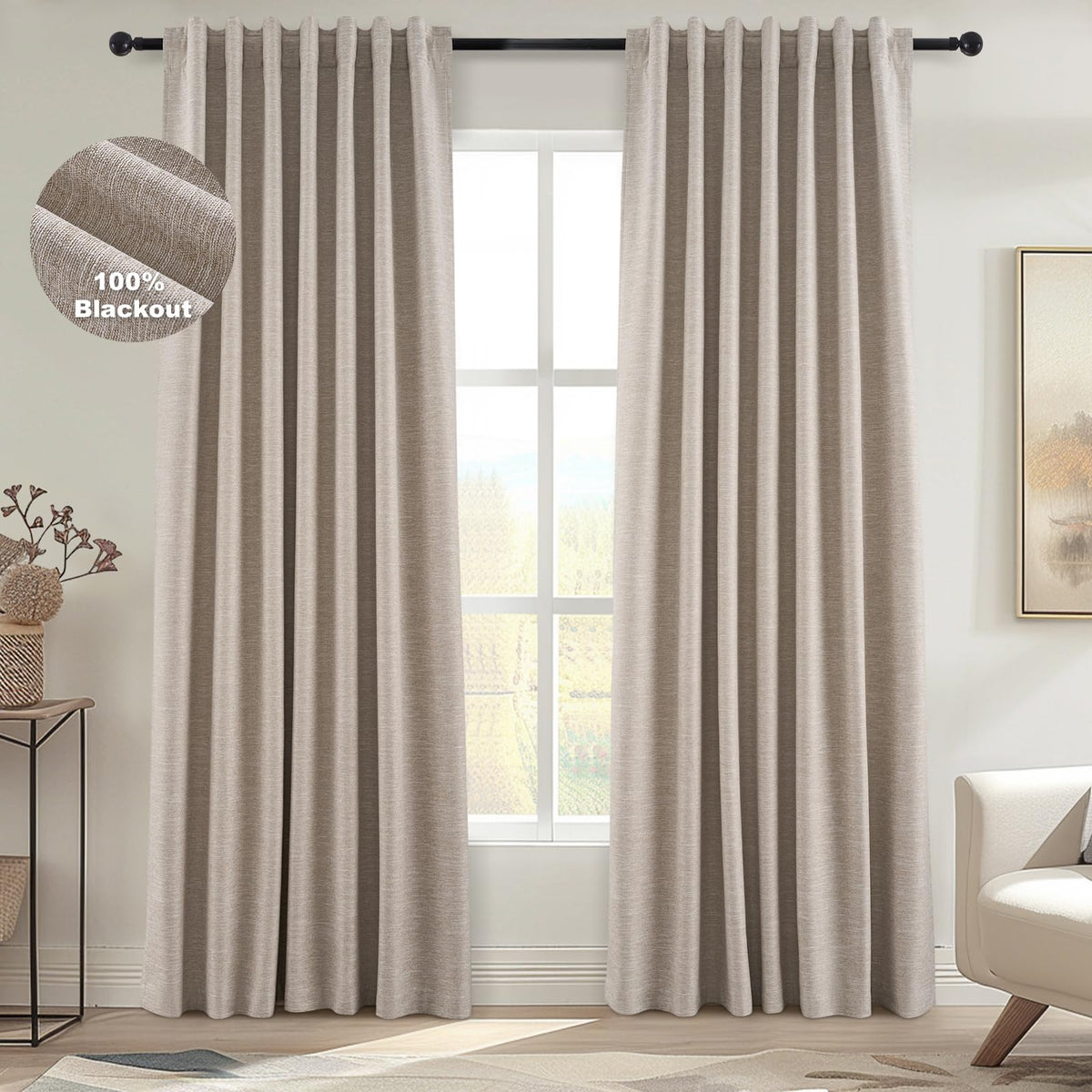 Topfinel Cream Ivory Blackout Curtains & Drapes 84 Inch Length, Beige Pinch Pleat Full Blackout Flax Linen Tab Top Soundproof Curtains with Hooks Rings for Bedroom Living Room Track 2 Panels Set