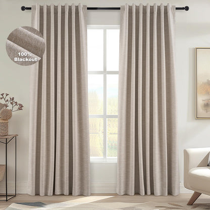 Topfinel Cream Ivory Blackout Curtains & Drapes 84 Inch Length, Beige Pinch Pleat Full Blackout Flax Linen Tab Top Soundproof Curtains with Hooks Rings for Bedroom Living Room Track 2 Panels Set