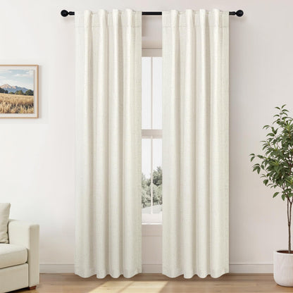 100% Blackout Curtains 84 Inch Length 2 Panels Set Neutral Boho Linen Farmhouse for Bedroom Windows Living Room Darkening Thermal Insulated Drapes Natural Cream Ivory 7ft Long Back Tab Pleated Pocket