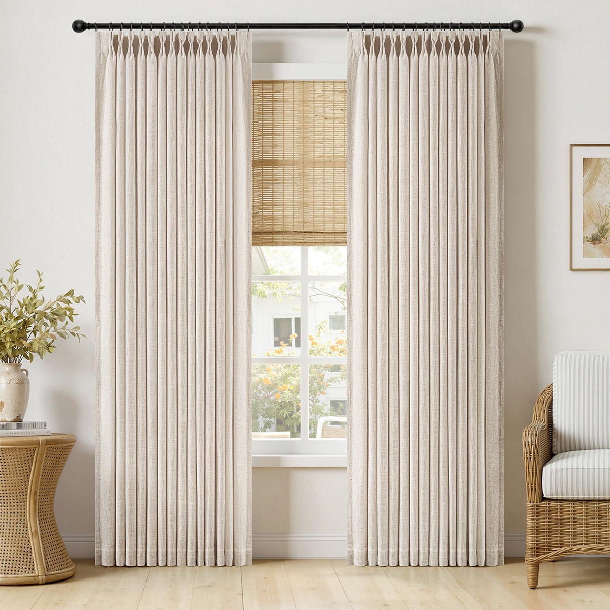 MIULEE Pinch Pleated Linen Curtains 90 Inches Long 2 Panels Natural