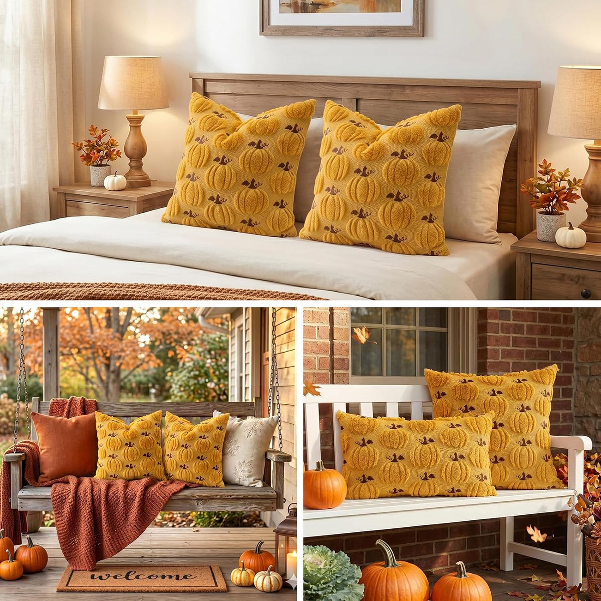 Artscope Fall Pumpkin Throw Pillow Covers 18x18 Set of 2, Autumn Soft Plush Faux Fur Decoration Cushion Covers for Thanksgiving Holiday Couch Sofa Bedroom Home Decor-Mustard Yellow