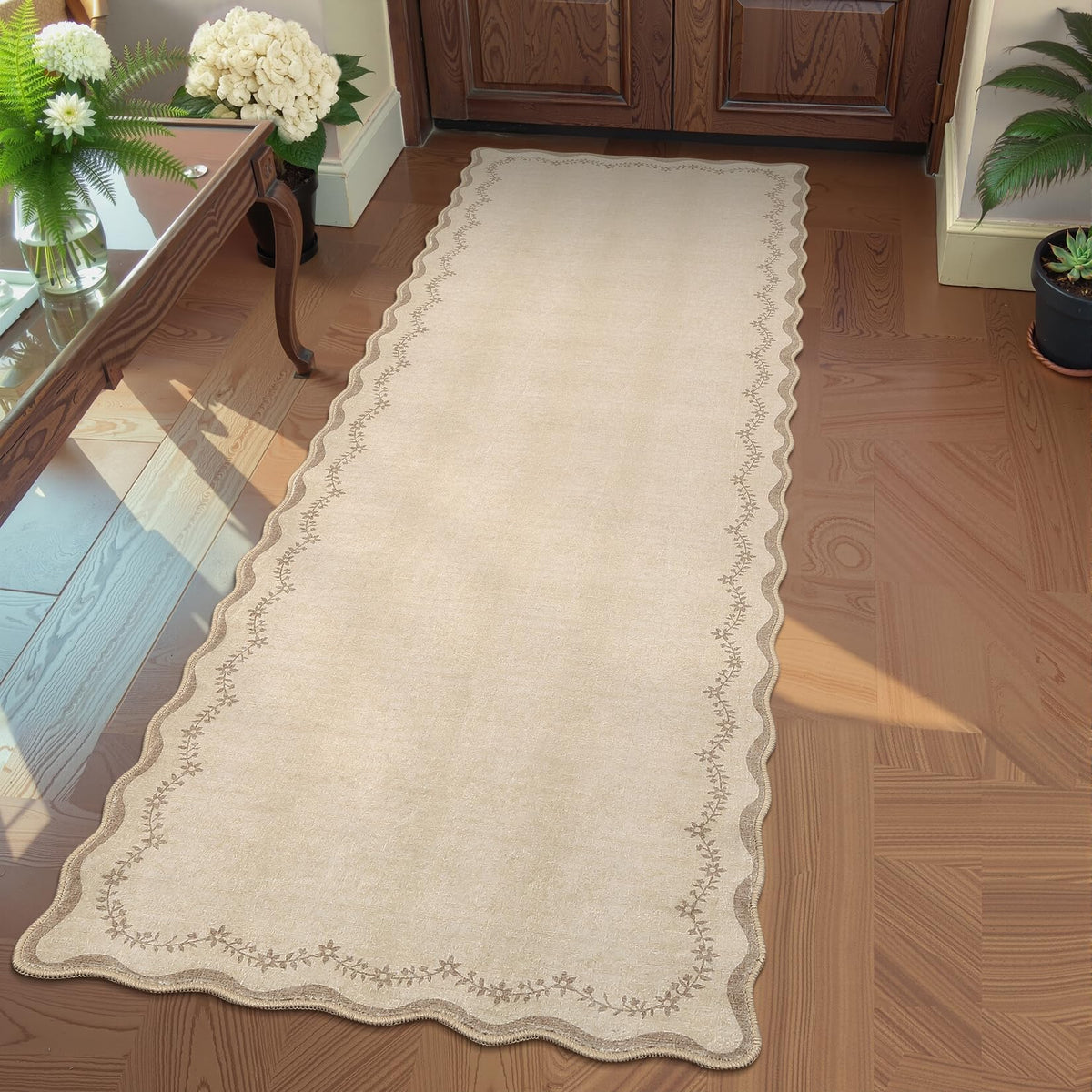 GarveeHome 5x7 Scalloped Area Rug Jute Washable Bedroom Living Room Rug