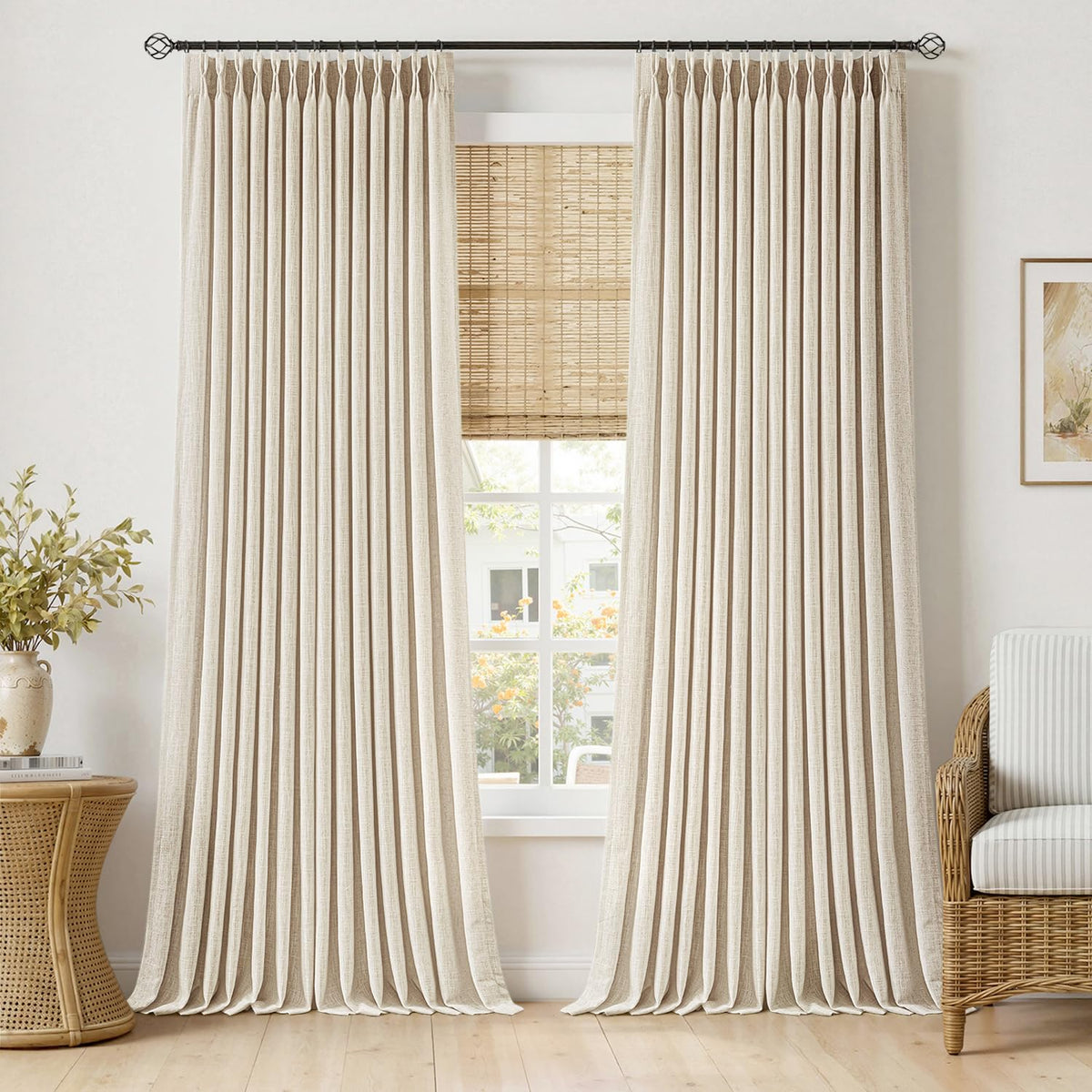 MIULEE Pinch Pleated Linen Curtains 90 Inches Long 2 Panels Natural