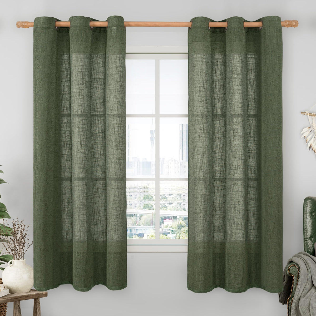 LAMIT Cream Ivory Linen Semi Sheer Curtains 84 inch Length for Bedroom
