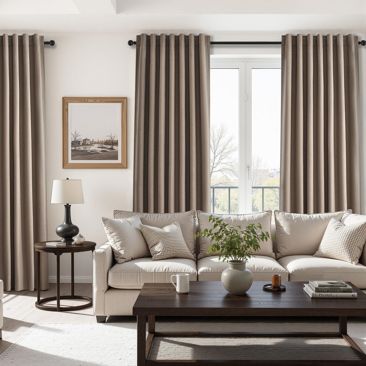Topfinel Cream Ivory Blackout Curtains & Drapes 84 Inch Length, Beige Pinch Pleat Full Blackout Flax Linen Tab Top Soundproof Curtains with Hooks Rings for Bedroom Living Room Track 2 Panels Set