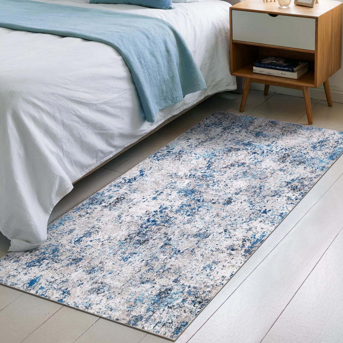Washable Area Rug for Living Room: 9x12 Modern Abstract Neutral Soft Rug for Bedroom Dining Room No Slip Low Pile Carpet for Nursery Home Office - Grey/Blue