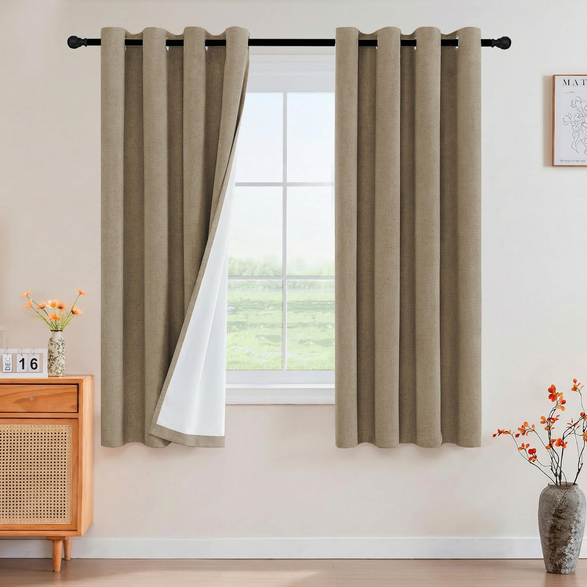 PrinceDeco Natural Linen Curtains 100% Blackout Linen Curtains for Bedroom Full Blackout Curtains 84 Inches Long Living Room Thermal Insulated Light Blocking Curtain Drapes White Backing, 2 Panels