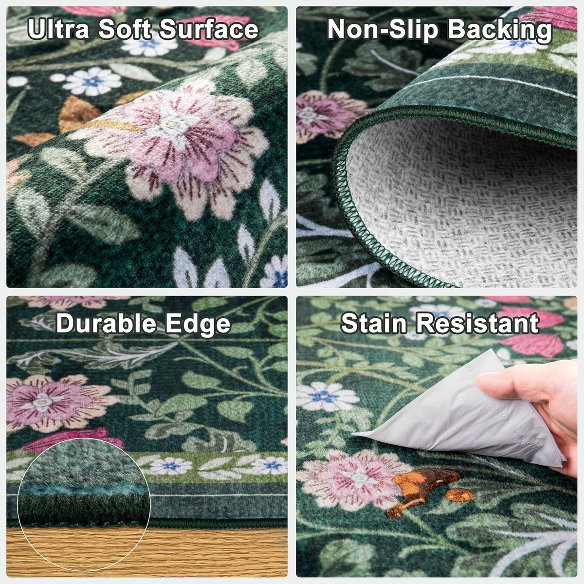 PLHXFR 8x10 Area Rug Living Room: Floral Washable Boho Carpet Dark Green