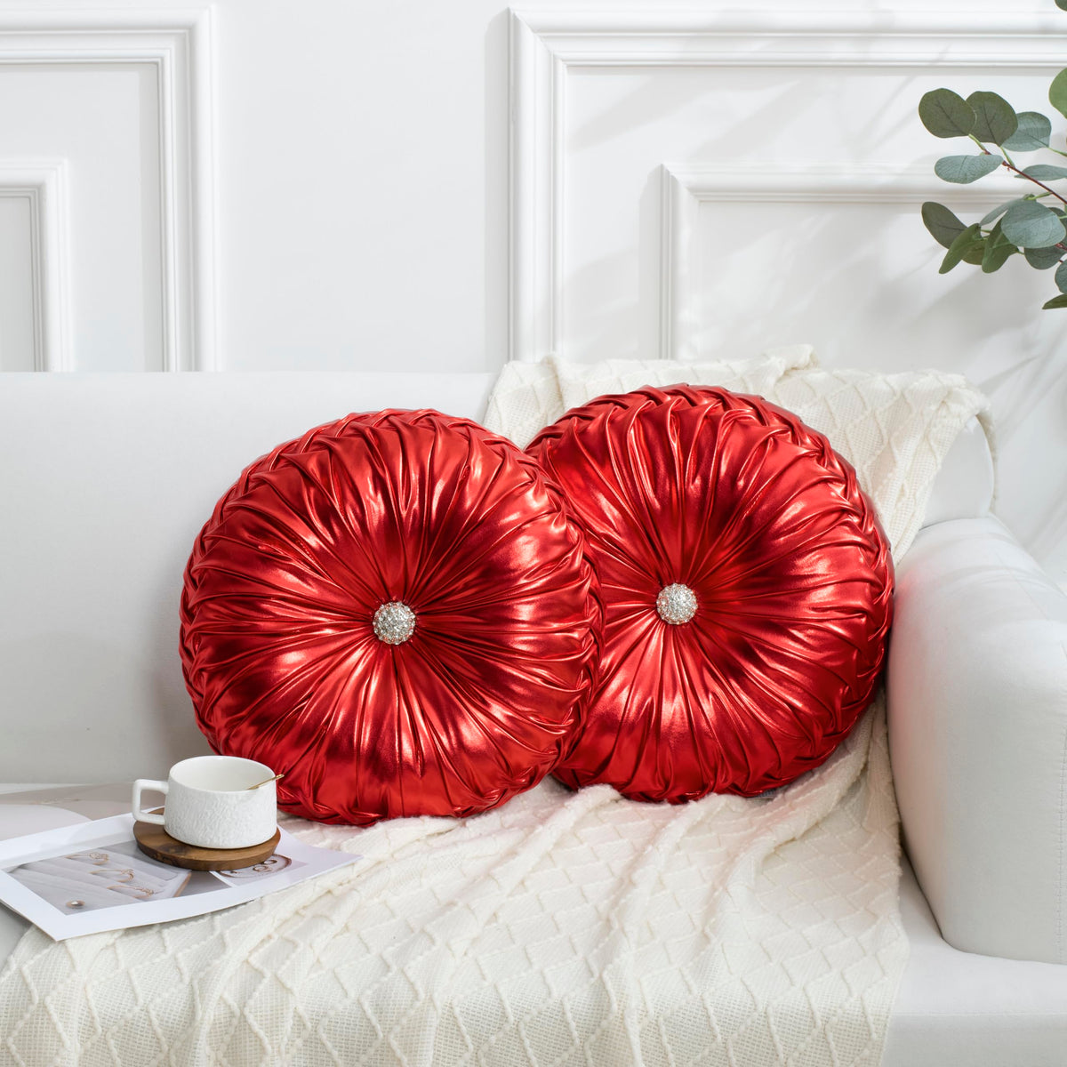 HIG Set of 2 Beige Velvet Decorative Round Pleated Throw Pillows