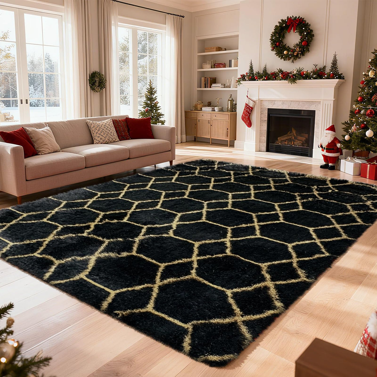 8x10 Fluffy Area Rugs for Living Room,Black Large Shag Area Rug for Bedroom