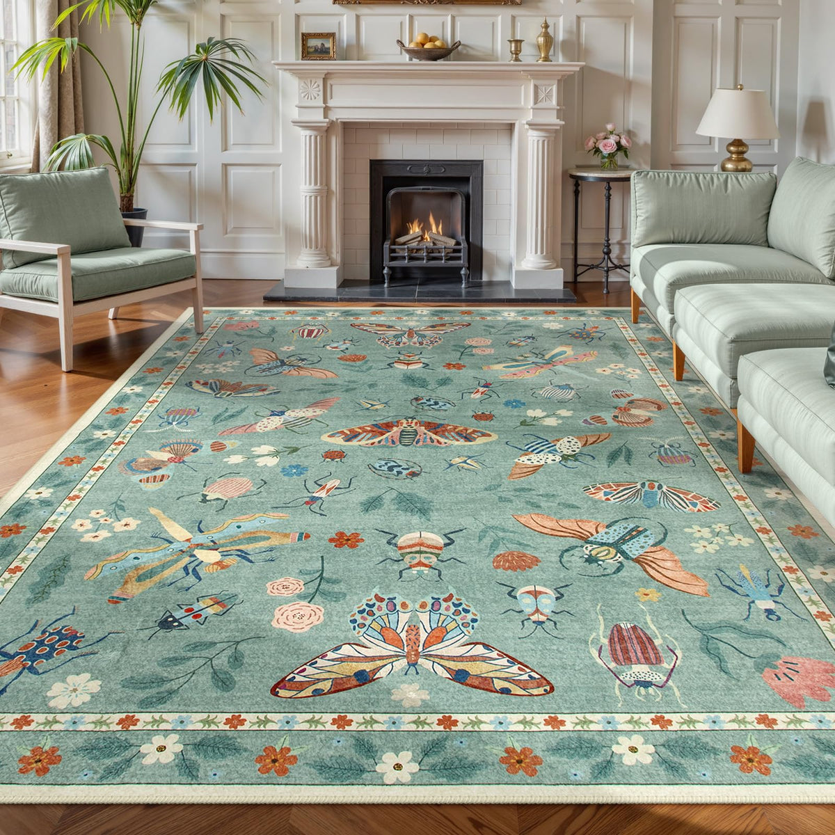 Lahome Bug Washable Area Rugs 5x7, Soft Green Rug for Living Room Bedroom