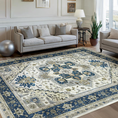 Washable Area Rug for Living Room: 9x12 Modern Abstract Neutral Soft Rug for Bedroom Dining Room No Slip Low Pile Carpet for Nursery Home Office - Grey/Blue