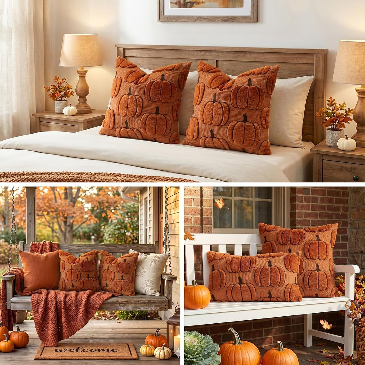 Artscope Fall Pumpkin Throw Pillow Covers 18x18 Set of 2, Autumn Soft Plush Faux Fur Decoration Cushion Covers for Thanksgiving & Halloween Couch Sofa Bedroom Home Decor-Rust