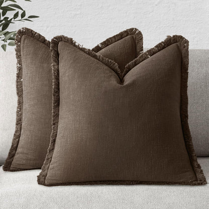 MIULEE Linen Fringe Decorative Fall Throw Pillow Covers Cocoa Brown 18x18