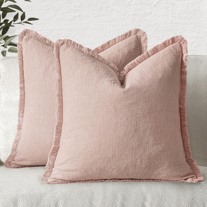 MIULEE Linen Fringe Decorative Fall Throw Pillow Covers Cocoa Brown 18x18