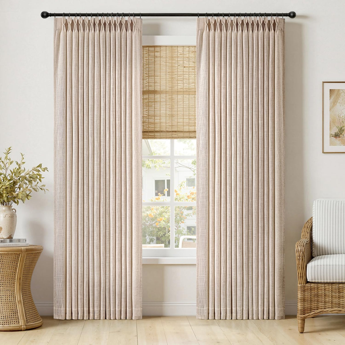 MIULEE Pinch Pleated Linen Curtains 90 Inches Long 2 Panels Natural