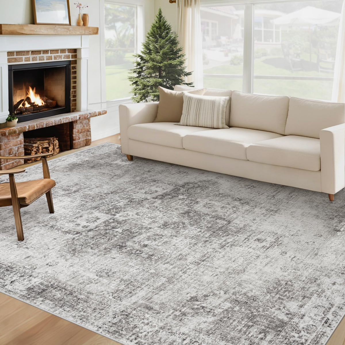 Area Rug 8x10 Washable Rug, Vintage Boho Medallion Rugs Non-Slip Soft Low Pile Large Distressed Rug Indoor Retro Carpet for Living Room Bedroom Dining Room Office Children's Room(Beige, 8'x10')