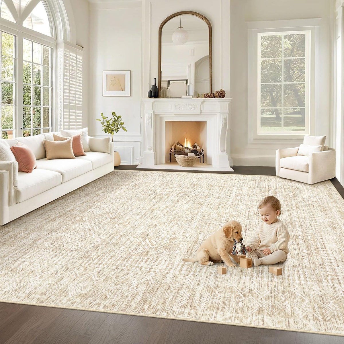 Living Room Rugs 8x10: Washable Moroccan Geometric Boho Rug Farmhouse Non Slip Stain Resistant Large Rug Low Pile Soft Carpet for Bedroom Dining Room Children Room (Beige,8'x10')