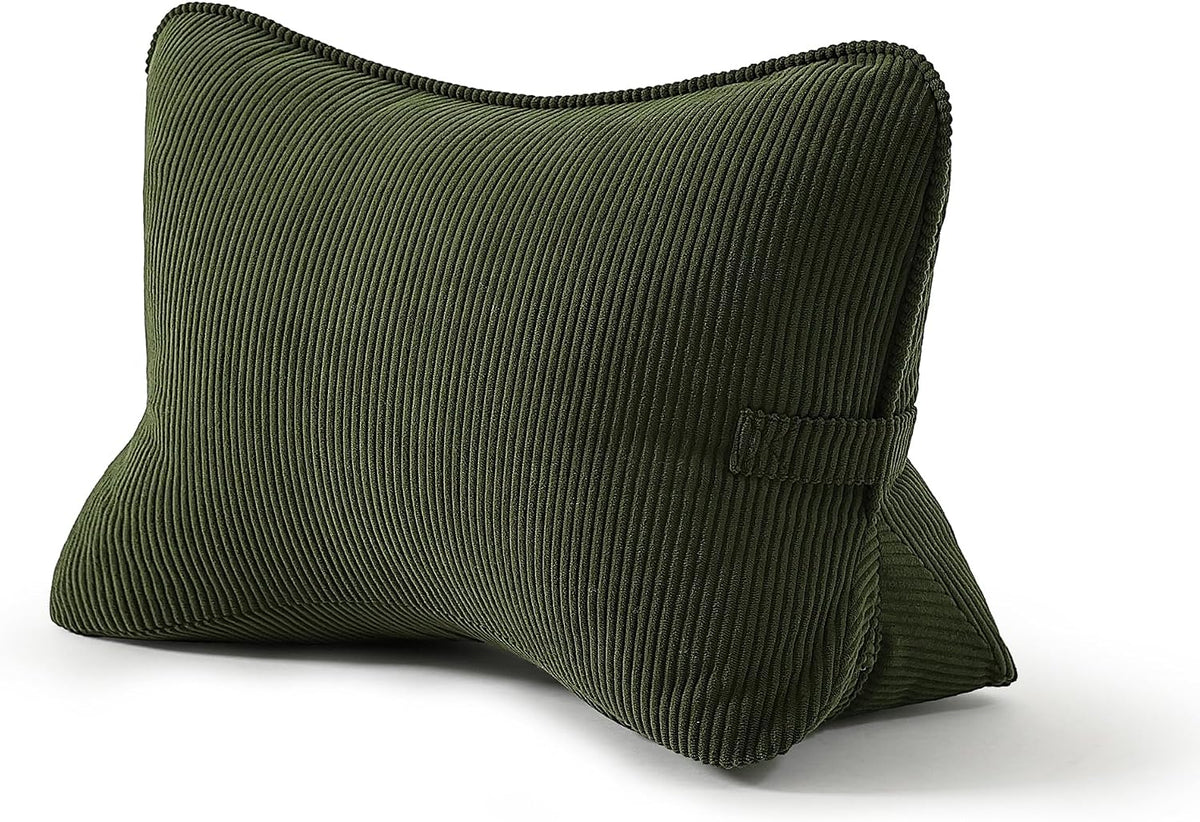 Pat. Pend. Corduroy Ergonomic Lumbar Support Pillow for Sitting Support, Triangle Back Cushion for Sofa, Armchair & Bed, Washable Cover, Avocado Green