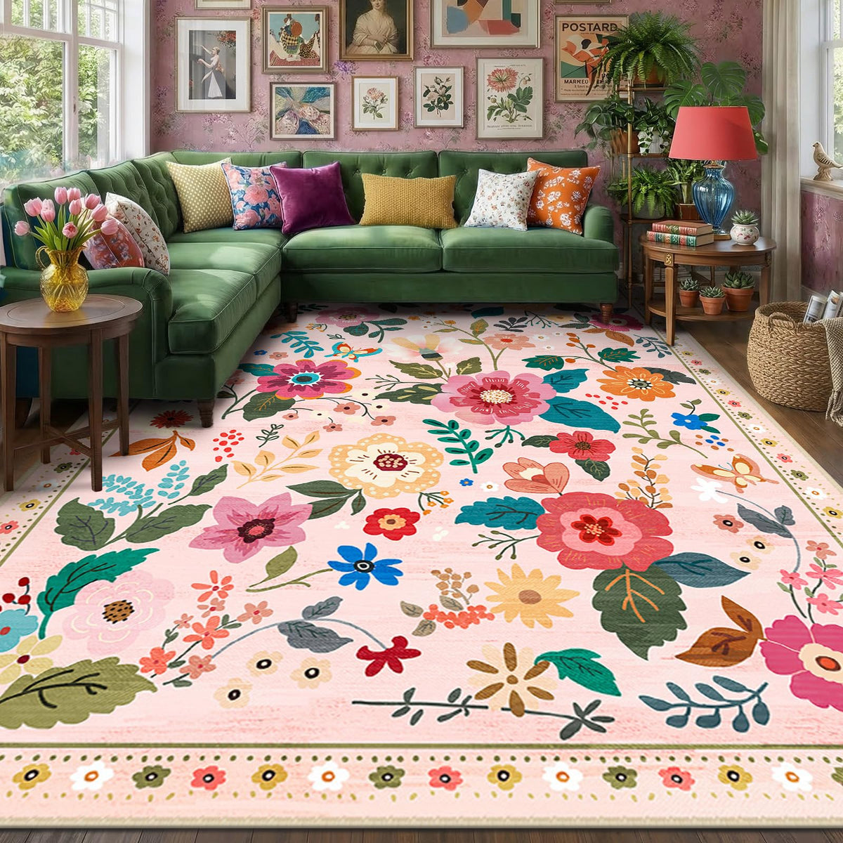 RELEANY Floral Washable 5x7 Area Rugs Pink