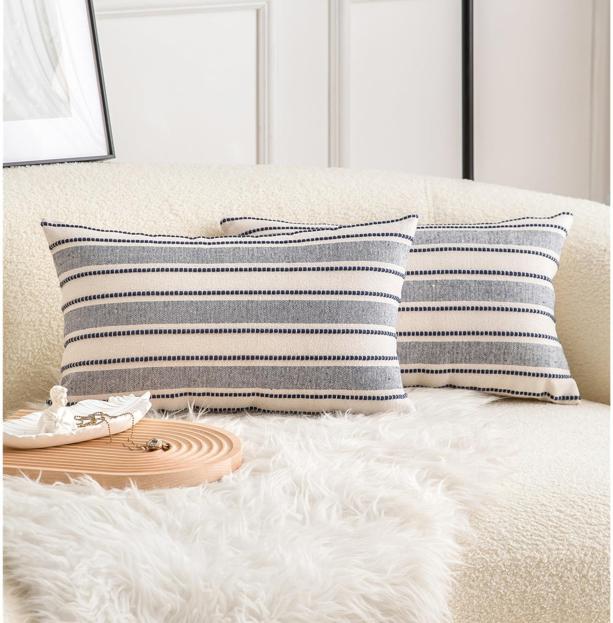 Cethom Decorative Boho Throw Pillow Covers, Farmhouse Textured Pillow Case, 18 x 18 Inch Set of 2, Chair Sofa Bedroom Living Room Home Decor Couch Cushion Case, Classic Blue and Beige Striped