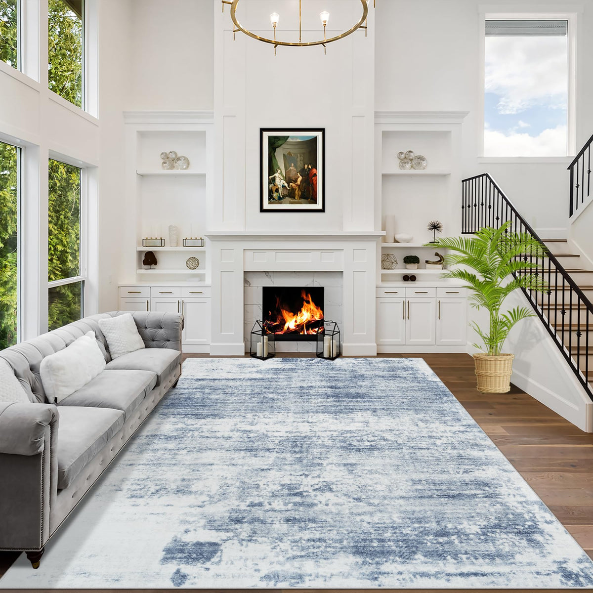 8x10 Area Rugs for Living Room: Washable Abstract Black Grey Gold Carpet