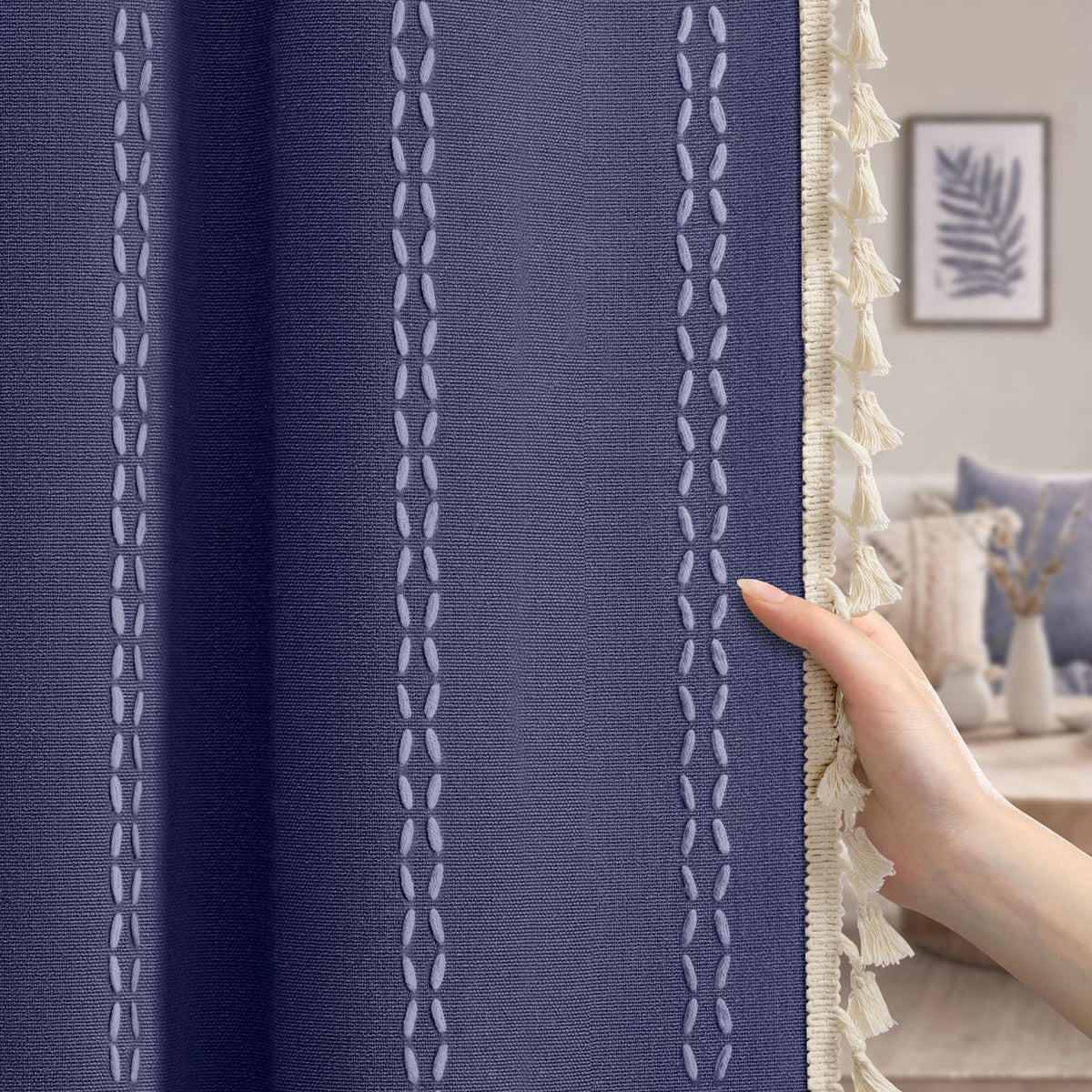 Boho 100% Blackout Curtains 84 Inch 2 Panels Linen Blend Beige