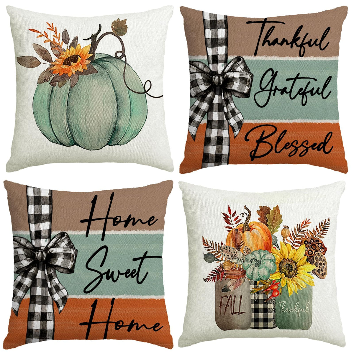 Fall Pillow Covers 18x18 Set of 4 Rustic Indoor Outdoor Decorations Fall Decor for Home Blue Throw Pillow Covers,Thankful Grateful Linen Autumn Cushion Case for Sofa Couch Chair Bedroom
