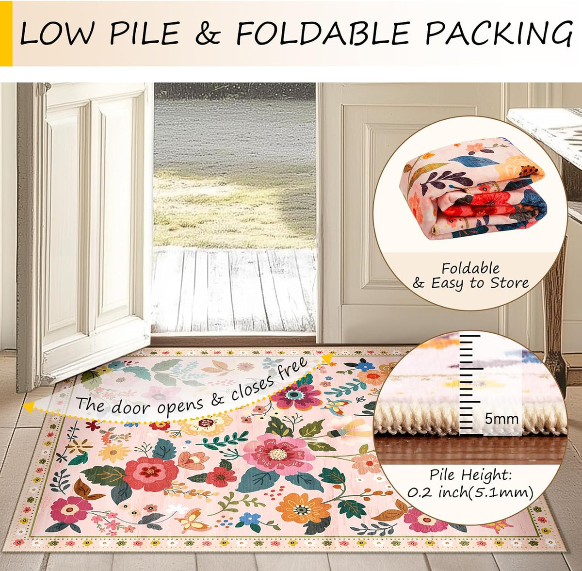 RELEANY Floral Washable 5x7 Area Rugs Pink