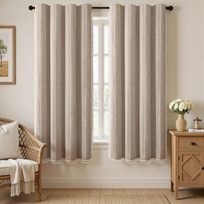 Boho 100% Blackout Curtains 84 Inch 2 Panels Linen Blend Beige