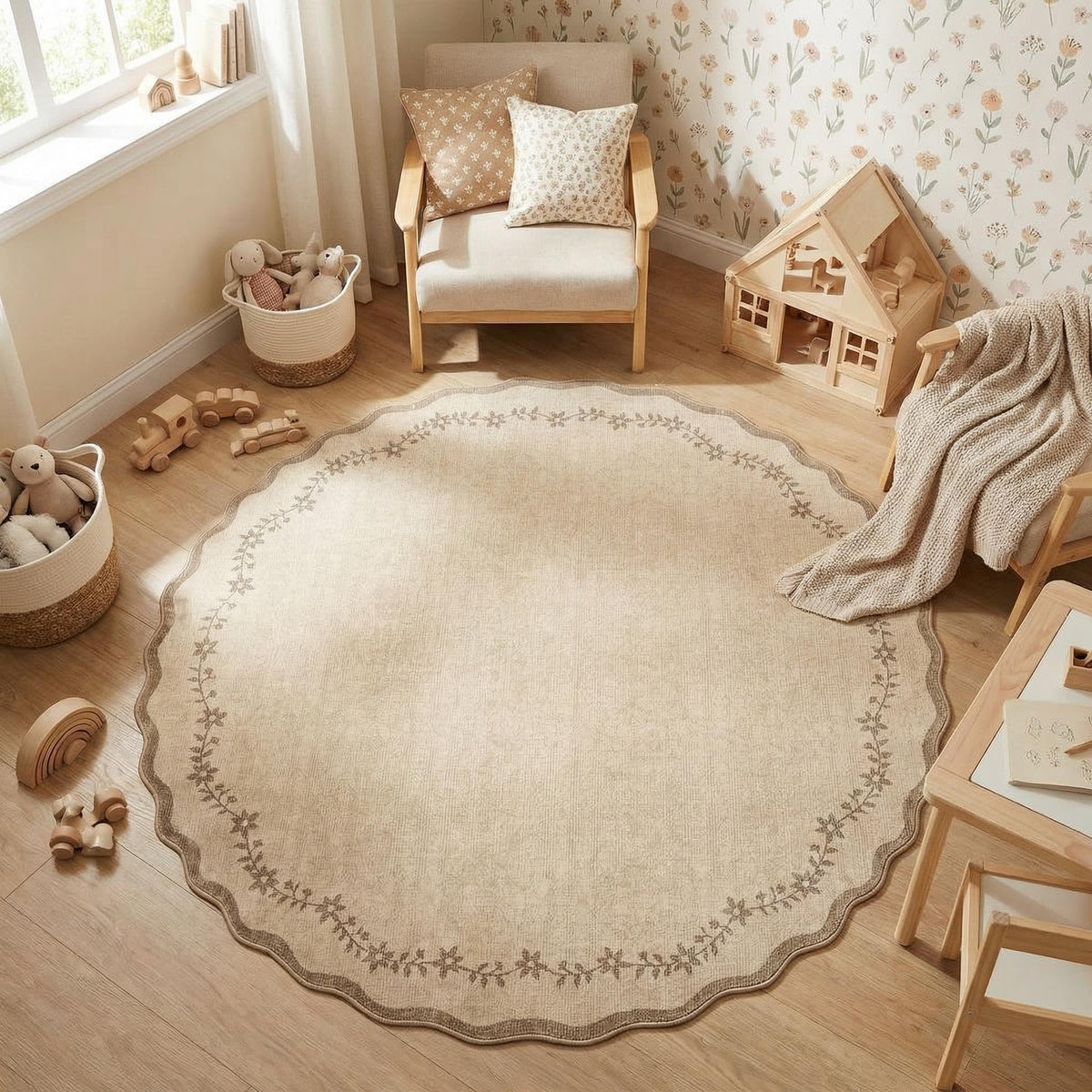 GarveeHome 5x7 Scalloped Area Rug Jute Washable Bedroom Living Room Rug