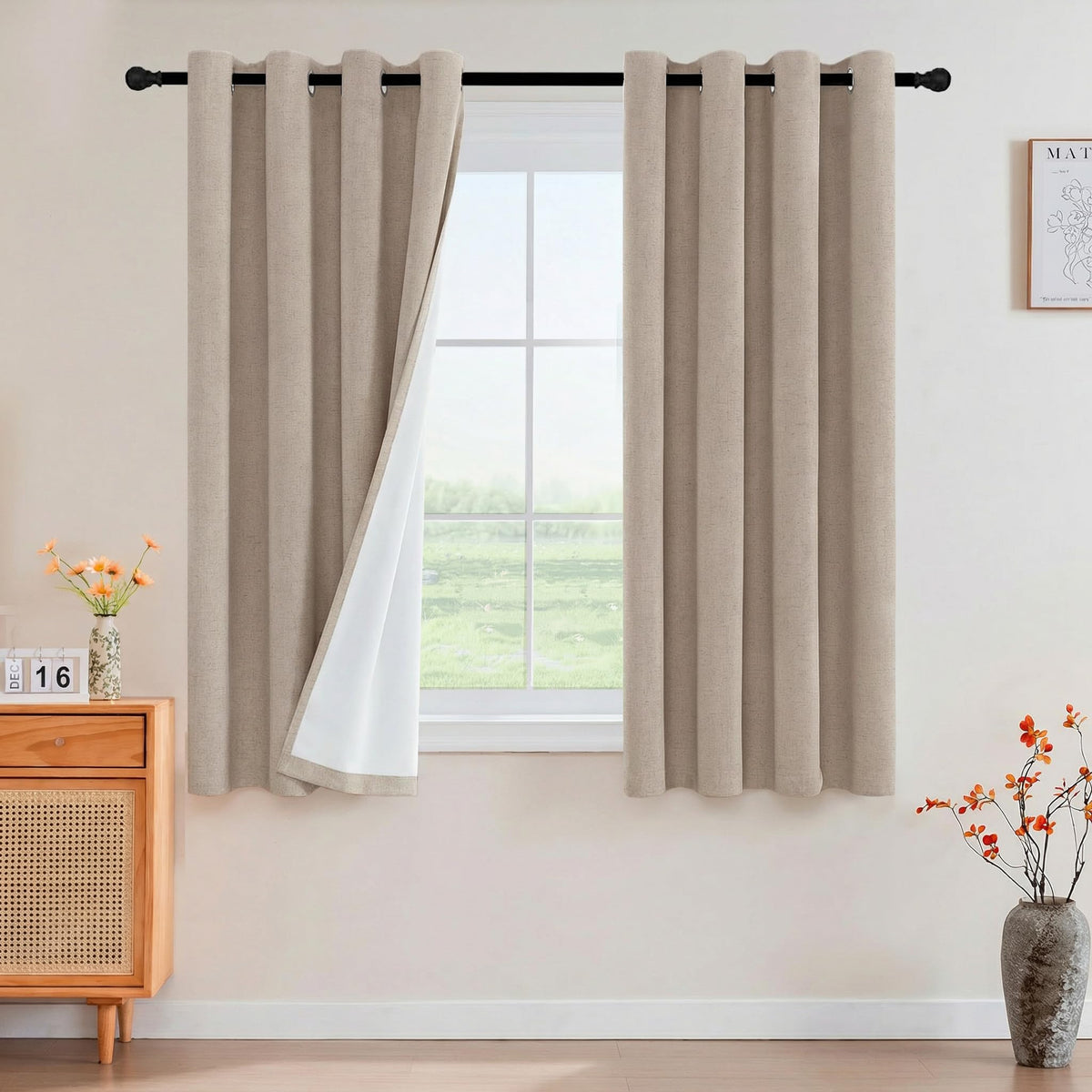 PrinceDeco Natural Linen Curtains 100% Blackout Linen Curtains for Bedroom Full Blackout Curtains 84 Inches Long Living Room Thermal Insulated Light Blocking Curtain Drapes White Backing, 2 Panels