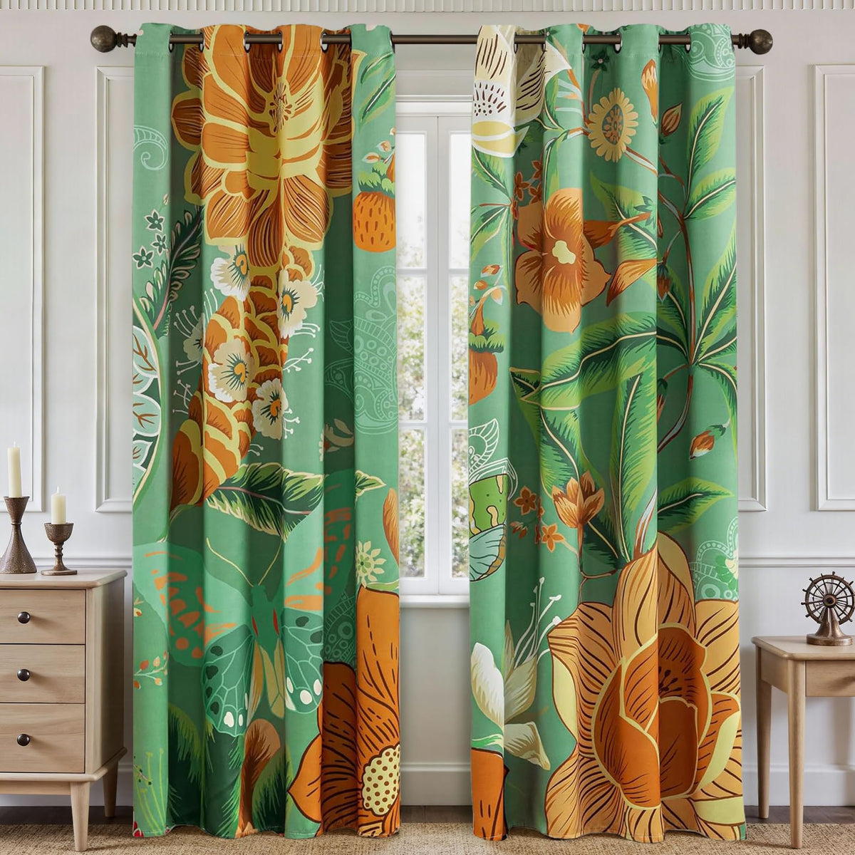 Tyrot Black Boho Floral Grommet Blackout Curtains, 52W x 84L, 2 Panels