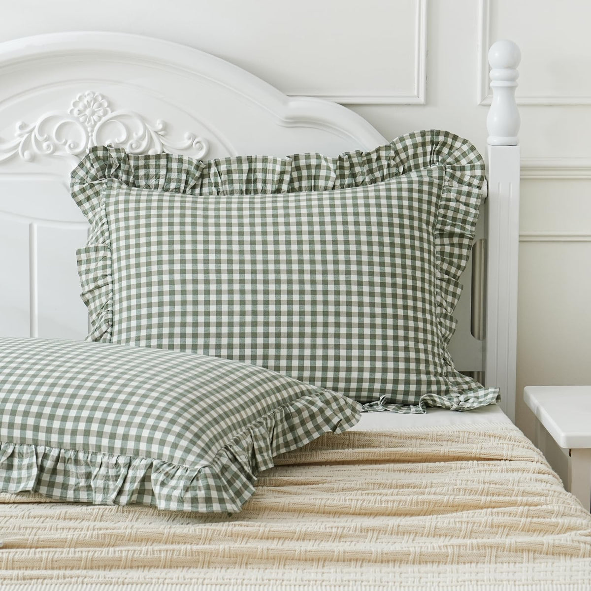14x36 inches Sage Green Plaid Ruffle Lumbar Pillow Sham 1 Piece