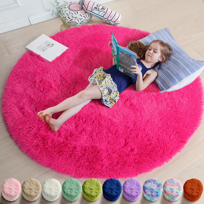 Amdrebio Pink Circle Round Fluffy Area Rug 4Ft for Girls Bedroom Kids Room