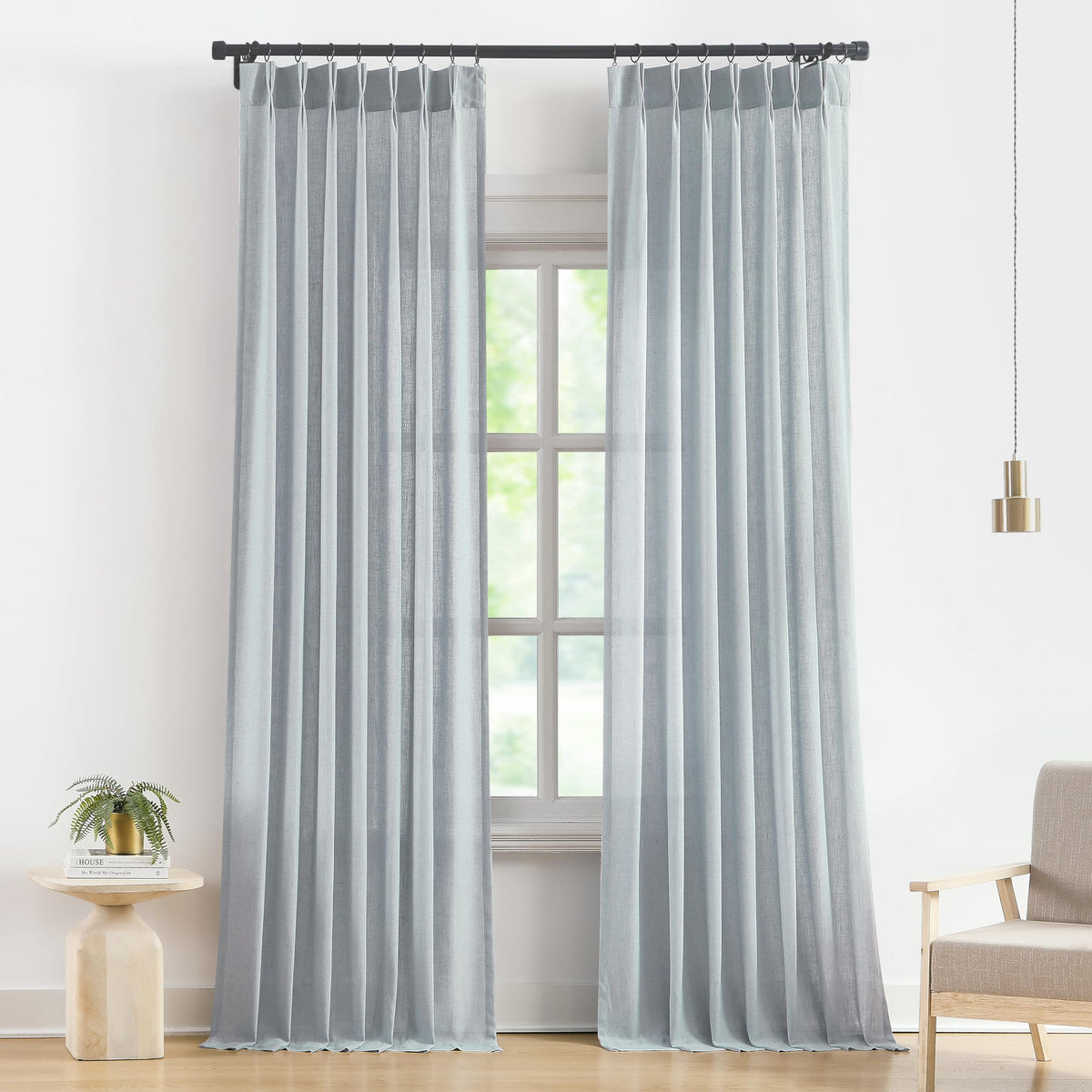 Vision Home Natural Linen Pinch Pleated Semi Sheer Curtains 42Wx90Lx2