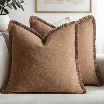 MIULEE Linen Fringe Decorative Fall Throw Pillow Covers Cocoa Brown 18x18