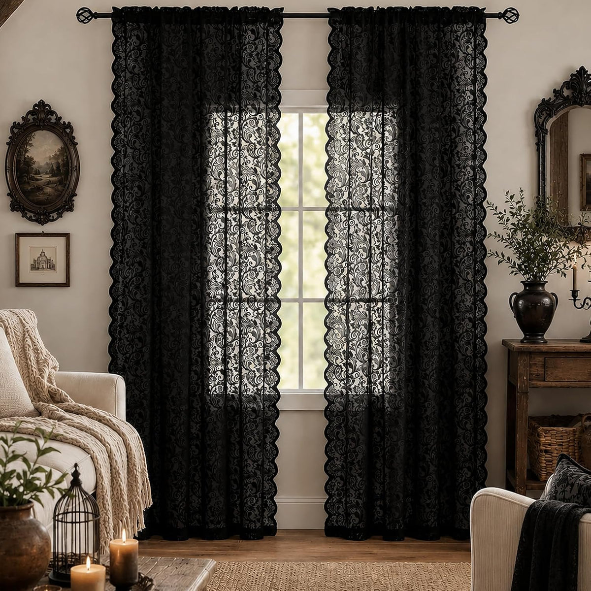 ALIGOGO Black Lace Curtains for Living Room, Gothic Decor, 52W x 84L Inch