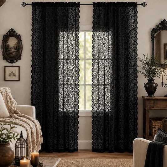 ALIGOGO Black Lace Curtains for Living Room, Gothic Decor, 52W x 84L Inch