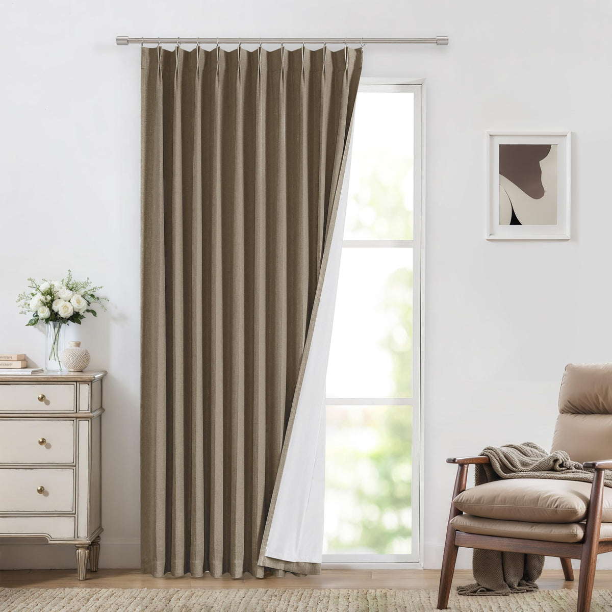 Vision Home Sand Pinch Pleated Full Blackout Curtains Linen Blended Room Darkening Window Curtains 95 inch for Living Room Bedroom Thermal Insulated Pinch Pleat Drapes with Hooks 2 Panel 40" Wx95 L
