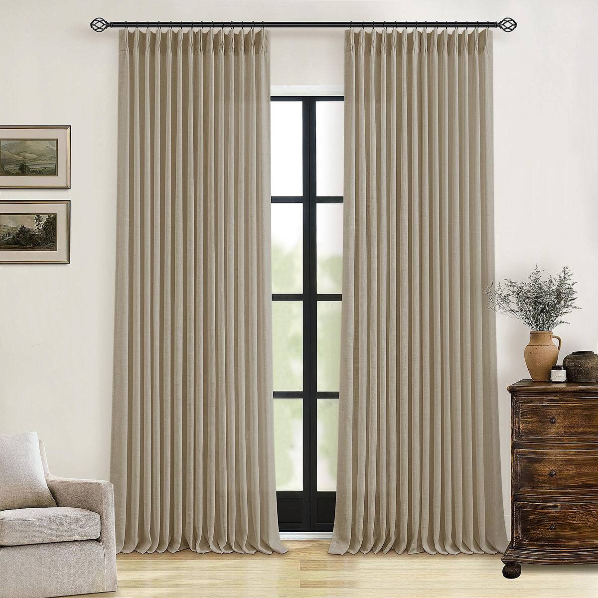 TWODRAPES Natural Pinch Pleated Linen Semi Sheer 84 Inch Curtains 2 Panels